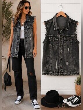 Anna-Kaci Distressed Acid Wash Denim Vest Frayed Sleeveless Jean Jacket Size L
